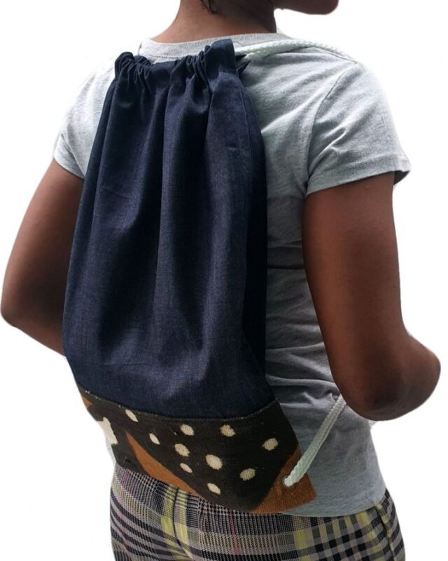 Denim and Mudcloth Drawstring Backpack